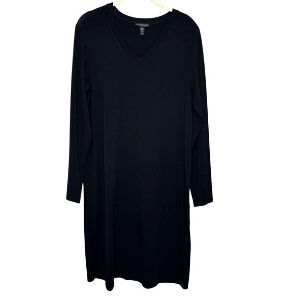 Eileen Fisher Dress Small Black Long Sleeve V Neck Tencel Knit Minimalist System - Picture 1 of 8